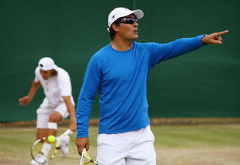 LONDON - JULY 05:  Rafael Nadal of Spain's coach and uncle, Toni Nadal conducts a practice session on day twelve of the Wimbledon Lawn Tennis Championships at the All England Lawn Tennis and Croquet Club on July 5, 2008 in London, England.  (Photo by Clive Brunskill/Getty Images)