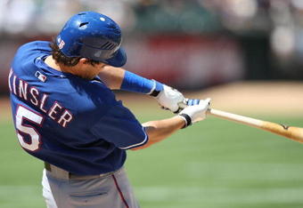 OAKLAND, CA - MAY 07:  Ian Kinsler #5 of the Texas Rangers bats against the Oakland Athletics during a Major League Baseball game on May 7, 2009 at the Oakland Coliseum in Oakland, California.  (Photo by Jed Jacobsohn/Getty Images)
