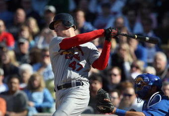 CHICAGO - APRIL 17:  Ryan Ludwick #47 of the St. Louis Cardinals bats against the Chicago Cubs on April 17, 2009 at Wrigley Field in Chicago, Illinois. (Photo by Jonathan Daniel/Getty Images) 