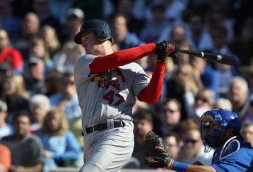 CHICAGO - APRIL 17:  Ryan Ludwick #47 of the St. Louis Cardinals bats against the Chicago Cubs on April 17, 2009 at Wrigley Field in Chicago, Illinois. (Photo by Jonathan Daniel/Getty Images) 