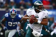 EAST RUTHERFORD, NJ - JANUARY 11: Quarterback Donovan McNabb #5 of the Philadelphia Eagles looks to throw a pass against the New York Giants during the NFC Divisional Playoff Game on January 11, 2009 at Giants Stadium in East Rutherford, New Jersey. The Eagles defeated the Giants 23 -11. (Photo by Chris McGrath/Getty Images)
