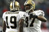 ATLANTA - NOVEMBER 26:  Wide receivers Joe Horn #87 and Devery Henderson #19 of the New Orleans Saints celebrate a long pass reception by Henderson in the fourth quarter against the Atlanta Falcons on November 26, 2006 at Georgia Dome in Atlanta, Georgia. The Saints defeated the Falcons 31-13.  (Photo by Doug Benc/Getty Images)