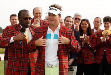 HILTON HEAD ISLAND, SC - APRIL 19:  Brian Gay puts on a jacket during the trophy presentation after the final round of the Verizon Heritage at Harbour Town Golf Links on April 19, 2009 in Hilton Head Island, South Carolina.  (Photo by Streeter Lecka/Getty Images)
