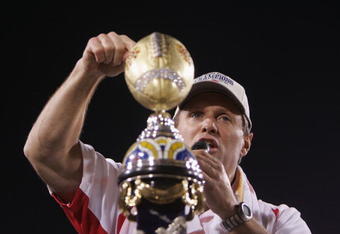 TEMPE, AZ - JANUARY 1:  Incoming Utah head coach, Kyle Whittingham, speaks to the crowd after Utah's 35-7 victory over Pittsburgh in the Tostito's Fiesta Bowl at the Sun Devil Stadium on January 1, 2005 in Tempe, Arizona. (Photo by Jeff Gross/Getty Images).