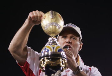 TEMPE, AZ - JANUARY 1:  Incoming Utah head coach, Kyle Whittingham, speaks to the crowd after Utah's 35-7 victory over Pittsburgh in the Tostito's Fiesta Bowl at the Sun Devil Stadium on January 1, 2005 in Tempe, Arizona. (Photo by Jeff Gross/Getty Images).