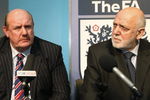 LONDON - NOVEMBER 22:  The English Football Association Chief Executive Brian Barwick (L) and Chairman Geoff Thompson during a press conference at the FA headquarters, to announce the sacking of England manager Steve McClaren on November 22, 2007 in London. England failed to qualify for the Euro 2008 football championships after losing 2 -3 to Croatia yesterday.     (Photo by Stephen Hird-Pool/Getty Images)