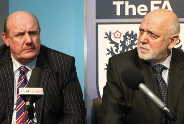 LONDON - NOVEMBER 22:  The English Football Association Chief Executive Brian Barwick (L) and Chairman Geoff Thompson during a press conference at the FA headquarters, to announce the sacking of England manager Steve McClaren on November 22, 2007 in London. England failed to qualify for the Euro 2008 football championships after losing 2 -3 to Croatia yesterday.     (Photo by Stephen Hird-Pool/Getty Images)