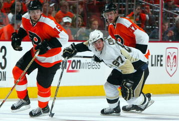 PHILADELPHIA - APRIL 25:  Sidney Crosby #87 of the Pittsburgh Penguins skates against Jeff Carter #17 and Joffrey Lupul #15 of the Philadelphia Flyers during Game Six of the Eastern Conference Quarterfinal Round of the 2009 NHL Stanley Cup Playoffs  at the Wachovia Center on April 25, 2009 in Philadelphia, Pennsylvania. The Penguins defeated the Flyers 5-3 to win the series 4 games to 2.  (Photo by Jim McIsaac/Getty Images)
