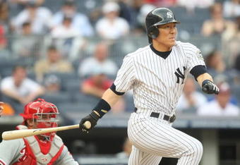 NEW YORK - MAY 24: Hideki Matsui  #55 of the New York Yankees at bat against the Philadelphia Phillies on May 24, 2009 at Yankee Stadium in the Bronx borough of New York City.  (Photo by Nick Laham/Getty Images)
