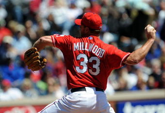 ARLINGTON, TX - APRIL 6:  Pitcher Kevin Millwood #33 of the Texas Rangers throws against the Cleveland Indians during the home opener at Rangers Ballpark April 6, 2009 in Arlington, Texas.  (Photo by Ronald Martinez/Getty Images)