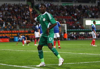 ST ETIENNE, FRANCE - JUNE 02: Joseph Akpala of Nigeria celebrates scoring the opening goal during the International Friendly match between France and Nigeria at the Stade Geoffroy-Guichard on June 2, 2009 in St Etienne, France.  (Photo by Michael Steele/Getty Images)