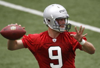 ALLEN PARK, MI - MAY 01:  Matt Stafford #9 of the Detroit Lions throws during rookie orientation camp at the Detroit Lions Headquarters and Training Facility on May 1, 2009 in Allen Park, Michigan.  (Photo by Gregory Shamus/Getty Images)