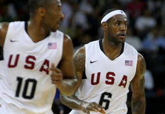 MACAU, CHINA - JULY 31:  LeBron James #6 runs with the ball flanked by teammate Kobe Bryant # 10  of the USA Basketball Men's Senior National Team during the USA Basketball International challenge between USA and Turkey at the Venetian hotel on July 31, 2008 in Macau, China.  (Photo by Stu Forster/Getty Images)