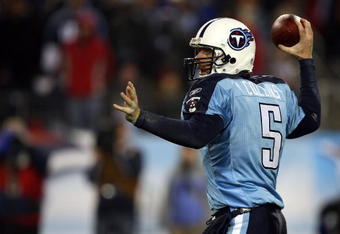 NASHVILLE, TN - JANUARY 10:  Quarterback Kerry Collins #5 of the Tennessee Titans looks to throw the ball against the Baltimore Ravens during the AFC Divisional Playoff Game on January 10, 2009 at LP Field in Nashville, Tennessee.  (Photo by Jonathan Daniel/Getty Images)