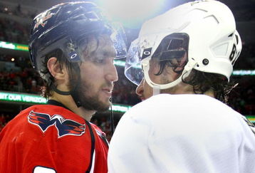 WASHINGTON - MAY 13:  Alex Ovechkin #8 of the Washington Capitals and Sidney Crosby #87 of the Pittsburgh Penguins shake hands after Pittsburgh's 6-2 victory in Game Seven of the Eastern Conference Semifinal  Round of the 2009 Stanley Cup Playoffs at Verizon Center on May 13, 2009 in Washington, DC.  (Photo by Bruce Bennett/Getty Images)