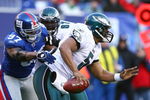 EAST RUTHERFORD, NJ - JANUARY 11:  Quarterback Donovan McNabb #5 of the Philadelphia Eagles scrambles in the pocket during the NFC Divisional Playoff Game against the New York Giants on January 11, 2009 at Giants Stadium in East Rutherford, New Jersey.  The Eagles defeated the Giants 23-11. (Photo by Al Bello/Getty Images)