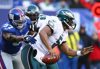 EAST RUTHERFORD, NJ - JANUARY 11:  Quarterback Donovan McNabb #5 of the Philadelphia Eagles scrambles in the pocket during the NFC Divisional Playoff Game against the New York Giants on January 11, 2009 at Giants Stadium in East Rutherford, New Jersey.  The Eagles defeated the Giants 23-11. (Photo by Al Bello/Getty Images)