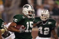 ATHENS, OH - SEPTEMBER 9:  Wide receiver Robert Preston #15 of the Ohio University Bobcats runs with the ball during a game against of the University of Pittsburgh Panthers at the Peden Stadium on September 9, 2005 in Athens, Ohio.  Ohio won 16-10 in overtime.  (Photo by Harry How/Getty Images)