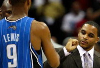 CLEVELAND - MAY 28: Jameer Nelson of the Orlando Magic gestures towards teammate Rashard Lewis #9 during Game Five of the Eastern Conference Finals against the Cleveland Cavaliers during the 2009 Playoffs at Quicken Loans Arena on May 28, 2009 in Cleveland, Ohio. NOTE TO USER: User expressly acknowledges and agrees that, by downloading and or using this photograph, User is consenting to the terms and conditions of the Getty Images License Agreement  (Photo by Gregory Shamus/Getty Images)