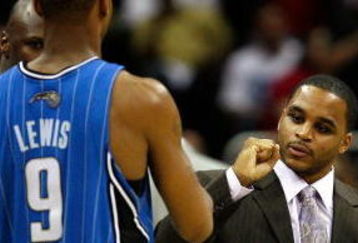 CLEVELAND - MAY 28: Jameer Nelson of the Orlando Magic gestures towards teammate Rashard Lewis #9 during Game Five of the Eastern Conference Finals against the Cleveland Cavaliers during the 2009 Playoffs at Quicken Loans Arena on May 28, 2009 in Cleveland, Ohio. NOTE TO USER: User expressly acknowledges and agrees that, by downloading and or using this photograph, User is consenting to the terms and conditions of the Getty Images License Agreement  (Photo by Gregory Shamus/Getty Images)