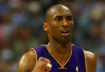 DENVER - MAY 29:  Kobe Bryant #24 of the Los Angeles Lakers reacts in the second half against the Denver Nuggets in Game Six of the Western Conference Finals during the 2009 NBA Playoffs at Pepsi Center on May 29, 2009 in Denver, Colorado. NOTE TO USER: User expressly acknowledges and agrees that, by downloading and or using this photograph, User is consenting to the terms and conditions of the Getty Images License Agreement.  (Photo by Doug Pensinger/Getty Images)