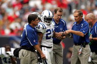 HOUSTON - OCTOBER 23: Defensive back Bob Sanders #21 of the Indianapolis Colts leaves the field after an injury during play against the Houston Texans on October 23, 2005 at Reliant Stadium in Houston, Texas. The Colts defeated the Texans 38-20. (Photo by Ronald Martinez/Getty Images)