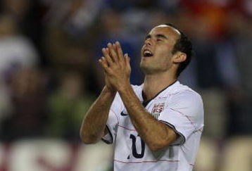 NASHVILLE - APRIL 01:  Landon Donovan #10 of the U.S. reacts after missing a goal against Trinidad and Tobago during a FIFA 2010 World Cup Qualifying match on April 1, 2009 at LP Field in Nashville, Tennessee. The United States defeated Trinidad and Tobago 3-0. (Photo by Jonathan Daniel/Getty Images)