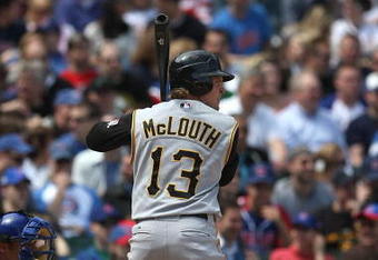 CHICAGO - APRIL 19:  Nate McLouth #13 of the Pittsburgh Pirates stands ready at bat during the MLB game against the Chicago Cubs on April 19, 2008 at Wrigley Field in Chicago, Illinois. (Photo by Jonathan Daniel/Getty Images) 