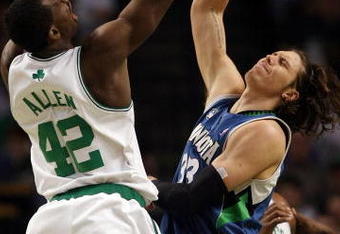 BOSTON - FEBRUARY 01:  Mike Miller #33 of Minnesota Timberwolves tries to block a shot by Tony Allen #42 of the Boston Celtics on February 1, 2009 at TD Banknorth Garden in Boston, Massachusetts. The Celtics defeated the Timberwolves 109-101. NOTE TO USER: User expressly acknowledges and agrees that, by downloading and or using this Photograph, user is consenting to the terms and conditions of the Getty Images License Agreement.  (Photo by Elsa/Getty Images)