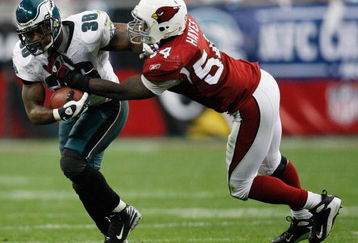 GLENDALE, AZ - JANUARY 18:  Running back Brian Westbrook #36 of the Philadelphia Eagles is tackled by linebacker Gerald Hayes #54 of the Arizona Cardinals during the NFC championship game on January 18, 2009 at University of Phoenix Stadium in Glendale, Arizona.  (Photo by Chris Graythen/Getty Images)