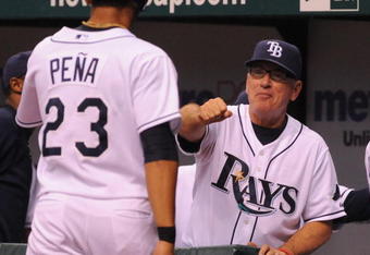 ST. PETERSBURG, FL - APRIL 30: Manager Joe Maddon #70 of  the Tampa Bay Rays celebrates a run against the Boston Red Sox April 30, 2009 at Tropicana Field in St. Petersburg, Florida.  (Photo by Al Messerschmidt/Getty Images)