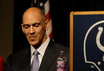 INDIANAPOLIS - JANUARY 12: Tony Dungy, head coach of the Indianapolis Colts, reacts during the press conference announcing his retirement at the Indianapolis Colts Complex on January 12, 2009 in Indianapolis, Indiana.  (Photo by Ron Hoskins/Getty Images)