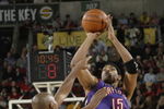 SEATTLE - NOVEMBER 12:  Vince Carter #15 of the Toronto Raptors shoots against Ray Allen #34 of the Seattle SuperSonics on November 12 2004 at Key Arena in Seattle, Washington.   NOTE TO USER: User expressly acknowledges and agrees that, by downloading and/or using this photograph, User is consenting to the terms and conditions of the Getty Images License Agreement.  (Photo by Otto Greule/Getty Images)