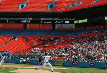 MIAMI - APRIL 06:  Starting pitcher Ricky Nolasco #47 of the Florida Marlins throws the first pitch of the game against the Washington Nationals on opening day at Dolphin Stadium on April 6, 2009 in Miami, Florida.  (Photo by Doug Benc/Getty Images)
