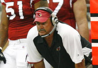 GLENDALE, AZ - SEPTEMBER 30:  Offensive line coach Russ Grimm of the Arizona Cardinals watches from sideline during a 21-14 win over the Pittsburgh Steelers at University of Phoenix Stadium on September 30, 2007 in Glendale, Arizona.  (Photo by Kevin Terrell/Getty Images