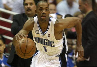 ORLANDO, FL - MAY 30: Rafer Alston #1 of the Orlando Magic brings the ball up court against the Cleveland Cavaliers in Game Six of the Eastern Conference Finals during the 2009 Playoffs at Amway Arena on May 30, 2009 in Orlando, Florida. NOTE TO USER: User expressly acknowledges and agrees that, by downloading and or using this photograph, User is consenting to the terms and conditions of the Getty Images License Agreement  (Photo by Elsa/Getty Images)