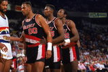 DENVER - 1989:  Kevin Duckworth #00, Jerome Kersey #25, and Clyde Drexler #22 of the Portland Trail Blazers wait for the inbounds pass against the Denver Nuggets during the 1988-1989 NBA season game at the McNichols Arena in Denver, Colorado.  (Photo by Stephen Dunn/Getty Images) 