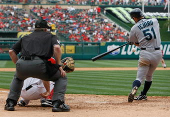 ANAHEIM, CA - MAY 31:  Ichiro Suzuki #51 of the Seattle Mariners hits a double in the eighth inning against the Los Angeles Angels of Anaheim at Angel Stadium on May 31, 2009 in Anaheim, California. The Angels defeated the mariners 9-8. (Photo by Jeff Gross/Getty Images)