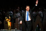 BOSTON, MA - OCTOBER 28: The Boston Celtics President Danny Ainge waves during the 2008 NBA World Championship ceremony before a game against the Cleveland Cavaliers at the TD Banknorth Garden on October 28, 2008 in Boston, Massachusetts. NOTE TO USER: User expressly acknowledges and agrees that, by downloading and/or using this Photograph, user is consenting to the terms and conditions of the Getty Images License Agreement. (Photo by Jim Rogash/Getty Images)