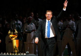 BOSTON, MA - OCTOBER 28: The Boston Celtics President Danny Ainge waves during the 2008 NBA World Championship ceremony before a game against the Cleveland Cavaliers at the TD Banknorth Garden on October 28, 2008 in Boston, Massachusetts. NOTE TO USER: User expressly acknowledges and agrees that, by downloading and/or using this Photograph, user is consenting to the terms and conditions of the Getty Images License Agreement. (Photo by Jim Rogash/Getty Images)