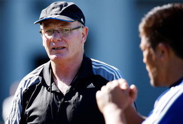 AUCKLAND, NEW ZEALAND - MARCH 25:  All Blacks scrum coach Mike Cron talks to Keven Mealamu of the Blues during a Blues Super 14 training session at North Harbour Stadium on March 25, 2009 in Auckland, New Zealand.  (Photo by Hannah Johnston/Getty Images)