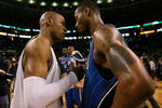 BOSTON - MAY 17:  Ray Allen #20 of the Boston Celtics congratulates Rashard Lewis #9 of the Orlando Magic after Game Seven of the Eastern Conference Semifinals during the 2009 NBA Playoffs at TD Banknorth Garden on May 17, 2009 in Boston, Massachusetts. The Orlando Magic defeated the Boston Celtics 101-82 to advance to the Eastern Conference Finals. NOTE TO USER: User expressly acknowledges and agrees that, by downloading and or using this photograph, User is consenting to the terms and conditions of the Getty Images License Agreement.  (Photo by Elsa/Getty Images)