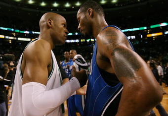 BOSTON - MAY 17:  Ray Allen #20 of the Boston Celtics congratulates Rashard Lewis #9 of the Orlando Magic after Game Seven of the Eastern Conference Semifinals during the 2009 NBA Playoffs at TD Banknorth Garden on May 17, 2009 in Boston, Massachusetts. The Orlando Magic defeated the Boston Celtics 101-82 to advance to the Eastern Conference Finals. NOTE TO USER: User expressly acknowledges and agrees that, by downloading and or using this photograph, User is consenting to the terms and conditions of the Getty Images License Agreement.  (Photo by Elsa/Getty Images)