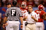 NEW ORLEANS - JANUARY 02:  Head coach Nick Saban of the Alabama Crimson Tide argues with a field judge in the second quarter while taking on the Utah Utes during the 75th Allstate Sugar Bowl at the Louisiana Superdome on January 2, 2009 in New Orleans, Louisiana.  (Photo by Chris Graythen/Getty Images)