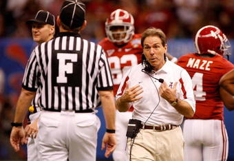 NEW ORLEANS - JANUARY 02:  Head coach Nick Saban of the Alabama Crimson Tide argues with a field judge in the second quarter while taking on the Utah Utes during the 75th Allstate Sugar Bowl at the Louisiana Superdome on January 2, 2009 in New Orleans, Louisiana.  (Photo by Chris Graythen/Getty Images)