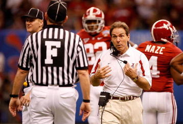 NEW ORLEANS - JANUARY 02:  Head coach Nick Saban of the Alabama Crimson Tide argues with a field judge in the second quarter while taking on the Utah Utes during the 75th Allstate Sugar Bowl at the Louisiana Superdome on January 2, 2009 in New Orleans, Louisiana.  (Photo by Chris Graythen/Getty Images)