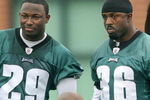 PHILADELPHIA - MAY 1: Running back Brian Westbrook #36 (R) stands on the sideline with second round draft pick running back LeSean McCoy #29 of the Philadelphia Eagles during minicamp at the NovaCare Complex on May 1, 2009 in Philadelphia, Pennsylvania. (Photo by Hunter Martin/Getty Images)