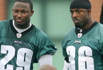 PHILADELPHIA - MAY 1: Running back Brian Westbrook #36 (R) stands on the sideline with second round draft pick running back LeSean McCoy #29 of the Philadelphia Eagles during minicamp at the NovaCare Complex on May 1, 2009 in Philadelphia, Pennsylvania. (Photo by Hunter Martin/Getty Images)