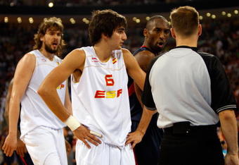 BEIJING - AUGUST 24:  Kobe Bryant #10 of the United States speaks to an official as Ricky Rubio #6 and Marc Gasol #13 of Spain look on in the gold medal game during Day 16 of the Beijing 2008 Olympic Games at the Beijing Olympic Basketball Gymnasium on August 24, 2008 in Beijing, China.  (Photo by Streeter Lecka/Getty Images)