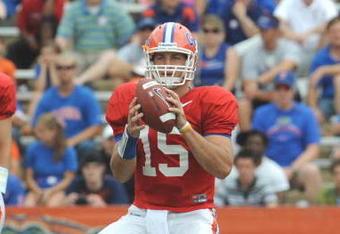 GAINESVILLE, FL - APRIL 18: Quarterback Tim Tebow #15 of the University of Florida passes upfield during the spring football Orange and Blue game April 18, 2009 at Ben Hill Griffin Stadium in Gainesville, Florida.  (Photo by Al Messerschmidt/Getty Images)